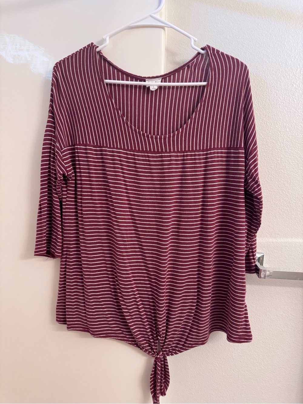 Emberley Burgundy Knit Striped Top Casual Knot Tie-Front 3/4 Sleeve Blouse L